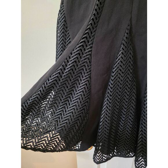 LELA ROSE Black Woven Lace Panel Short Sleeve Godet Hem A-Line Dress 10 - Picture 9 of 10